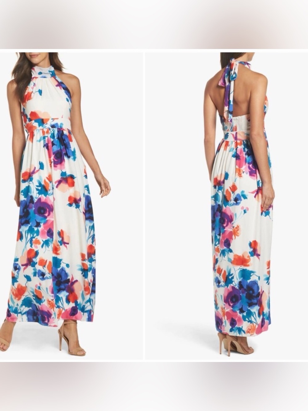 Eliza J Floral Halter Maxi Dress 4 Watercolor Pleated Chiffon back tie bow